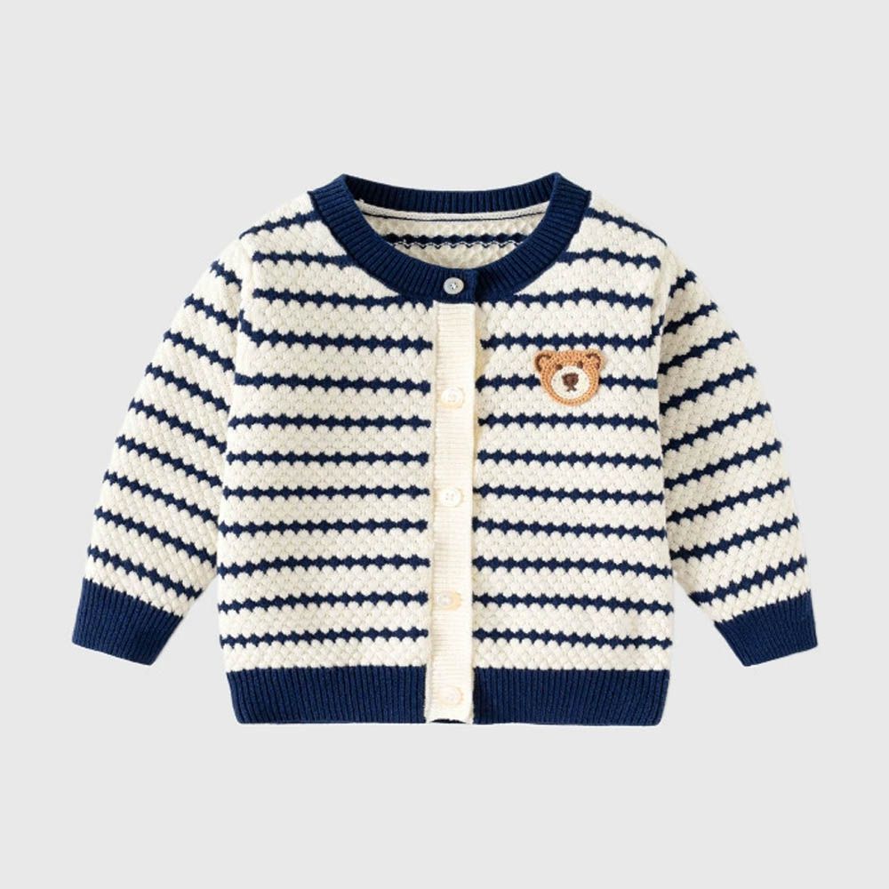 純棉圓領針織排釦外套-小熊-緹花條紋