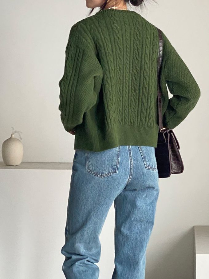 韓國女裝連線 - 麻花捲鈕扣無領針織外套-墨綠 (FREE)