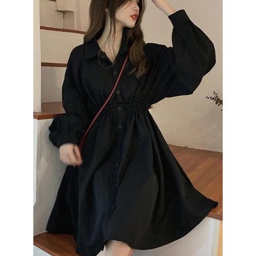 甜美翻領縮腰泡泡袖洋裝-黑