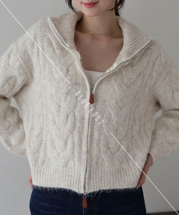 日本 BLUE EAST - 混羊毛麻花紋路立領雙拉鏈針織外套-咖啡