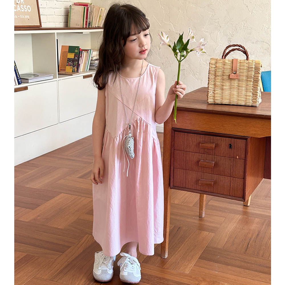 法式優雅無袖中長版洋裝-拼接設計-粉色