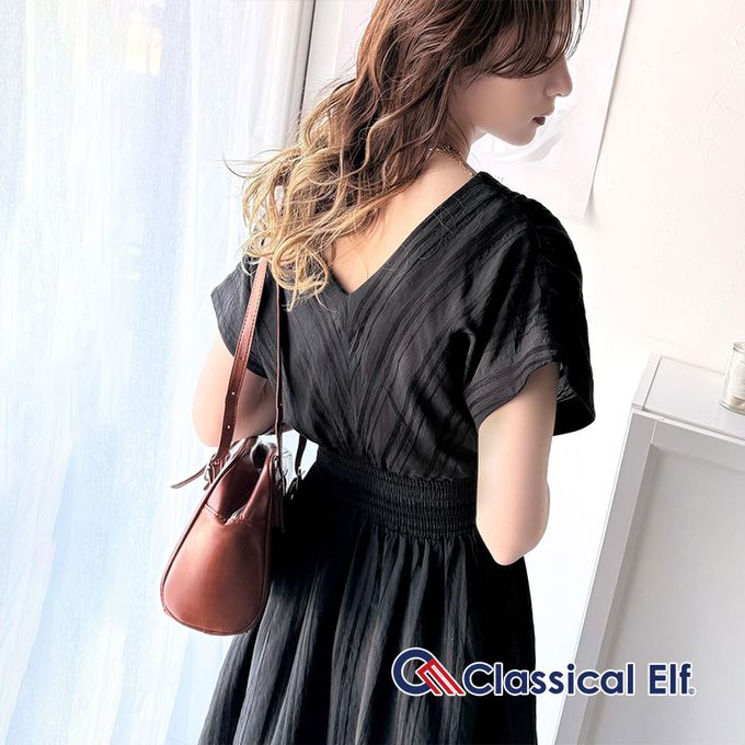 日本 Classical Elf - 氣質V領縮腰修身短袖洋裝-淺米杏