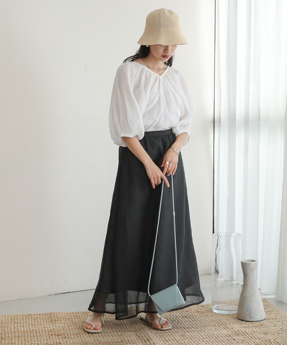 日本 Bab - 嫘縈後綁帶氣球袖上衣-咖啡