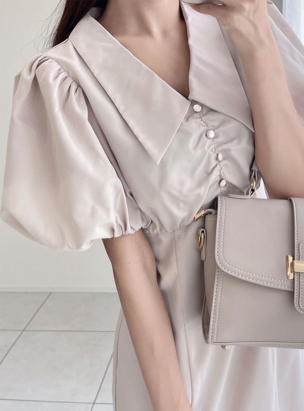 日本 GRL - 優雅翻領澎澎袖魚尾洋裝-淺米杏