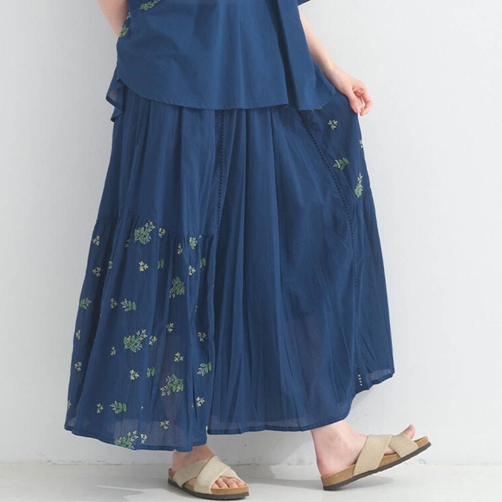 100%印度棉 優美植物刺繡長裙-海軍藍