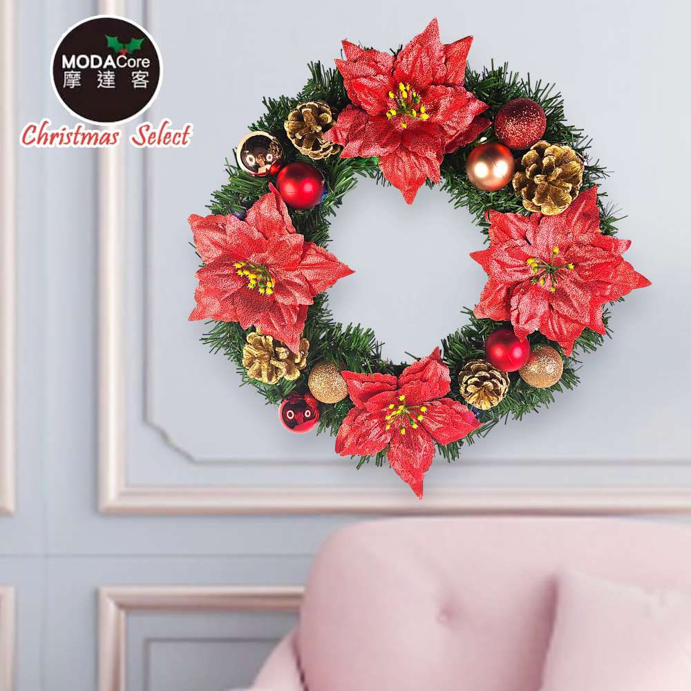 14吋浪漫朵朵聖誕花豪華綠色聖誕花圈福臨圈_紅金系_台灣工藝免組裝_本島免運費
