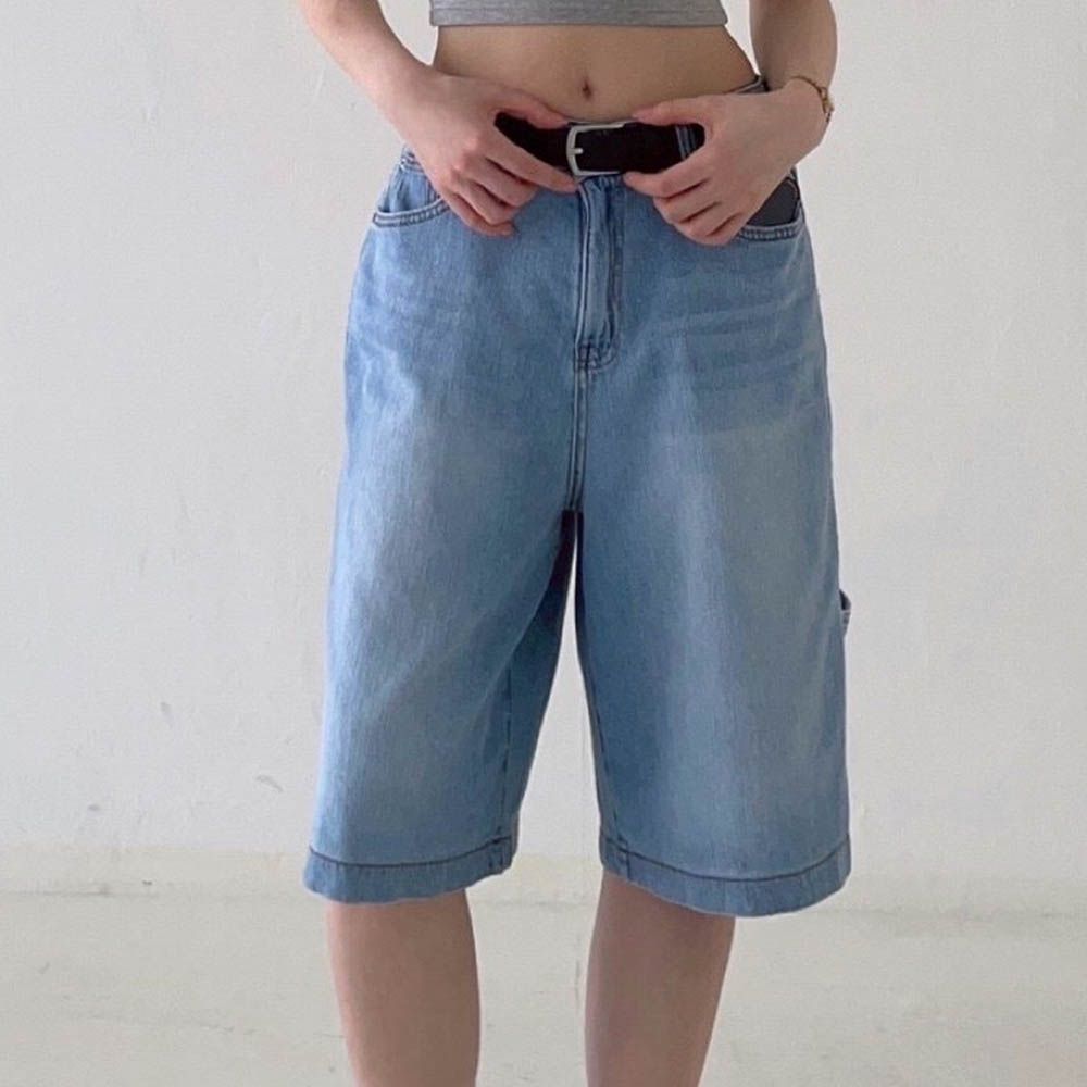 彈性腰小男孩風格丹寧5分褲-淺藍