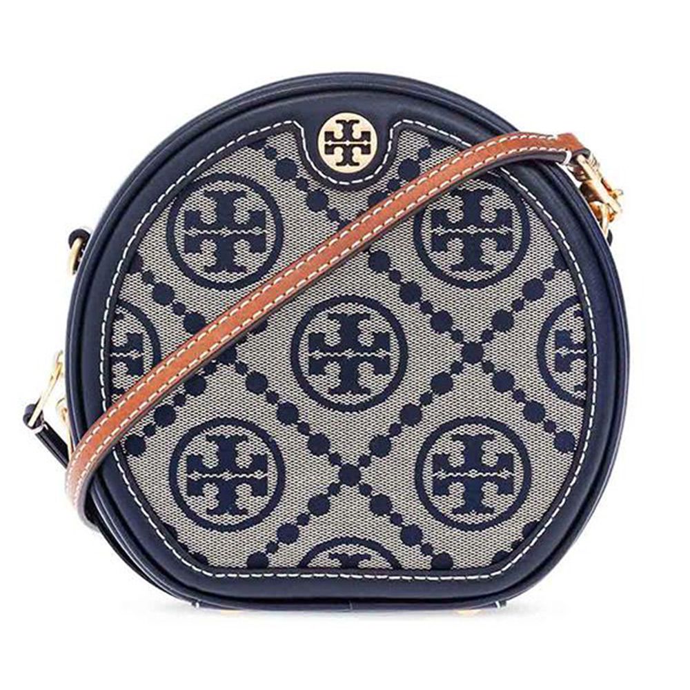 TORY BURCH - 滿版logo拼接皮革斜背包 (深藍)