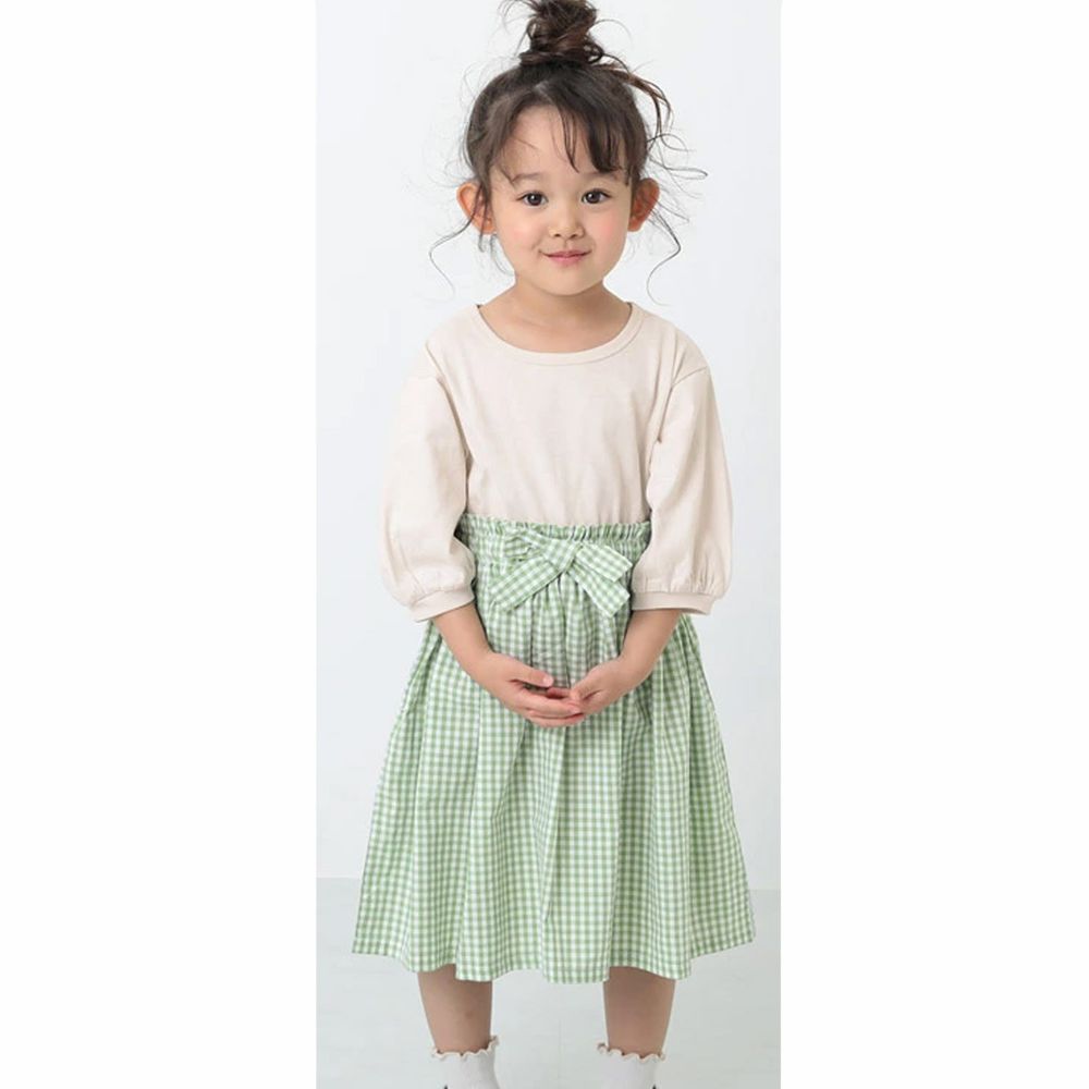 日本 devirock - 拼接蝴蝶結七分袖洋裝-格紋-米綠