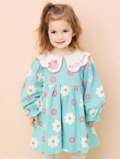 韓國 HEJMINI - 花瓣領粉白花朵泡泡袖洋裝