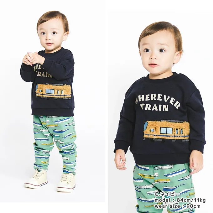 日本 ZOOLAND - 立體刺繡貼布長袖上衣-火車-海軍藍