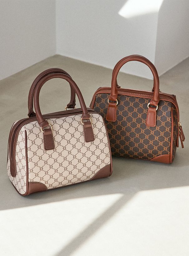 日本 GRL - 2way滿版花押字撞色拼接方形手提包/側背包-米褐 (F)