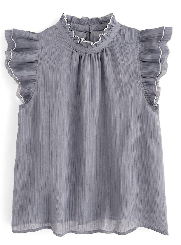 日本 GRL - 甜美細摺木耳卷邊無袖上衣-灰藍 (F)