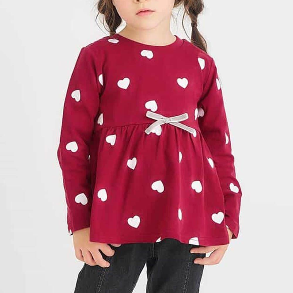 天天穿飄逸荷葉邊長袖上衣-愛心-紅