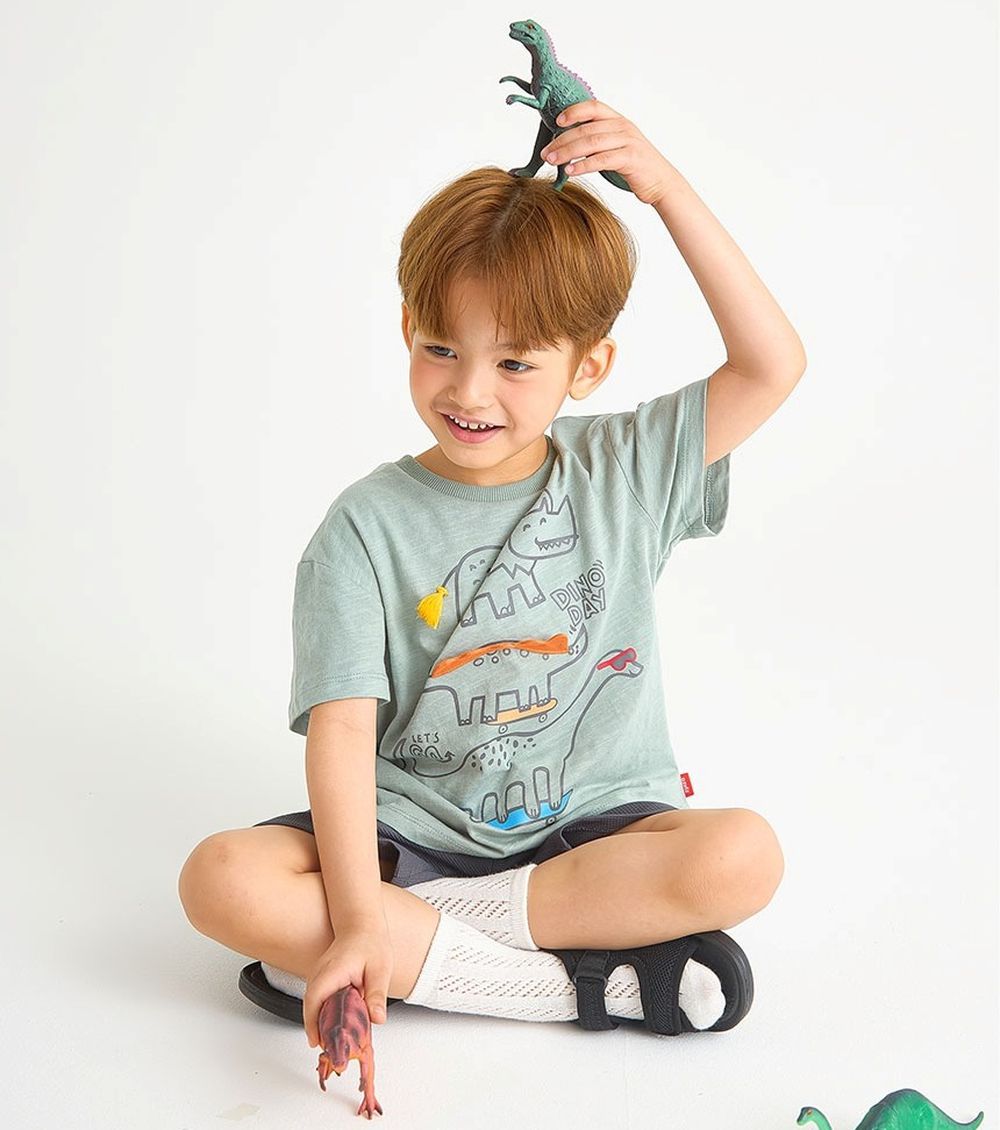 嬉皮恐龍塗鴉短袖套裝-灰綠X深灰