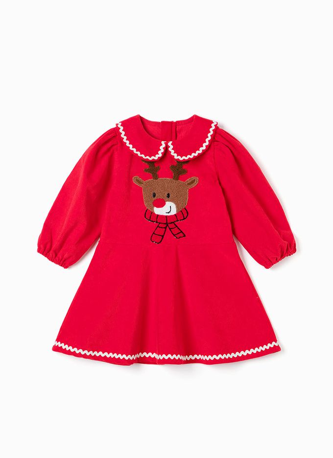 韓國 OZKIZ - 毛料馴鹿印燈芯絨洋裝/聖誕-紅