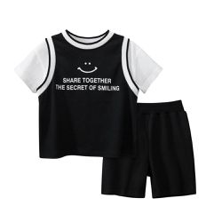 27KIDS - 純棉假兩件休閒短袖套裝-微笑-黑色