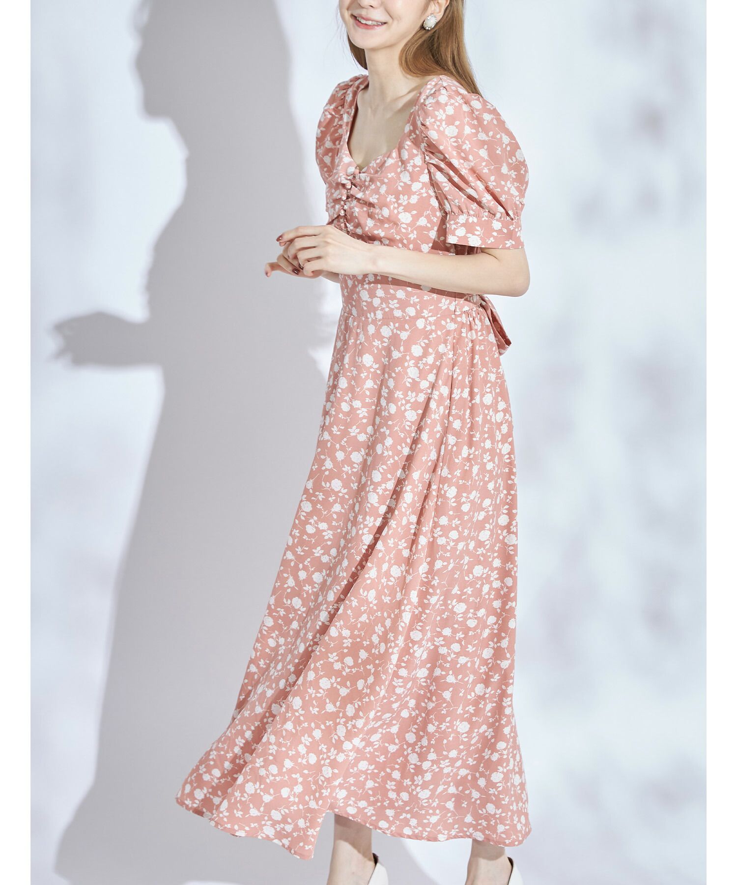 日本 tocco-closet - 愛心領泡泡袖雪紡洋裝-典雅玫瑰-鮭魚粉