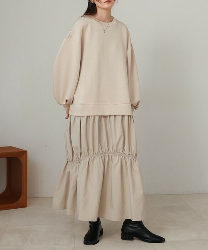 日本 Bab - 柔美造型皺摺拼接長袖洋裝-淺杏