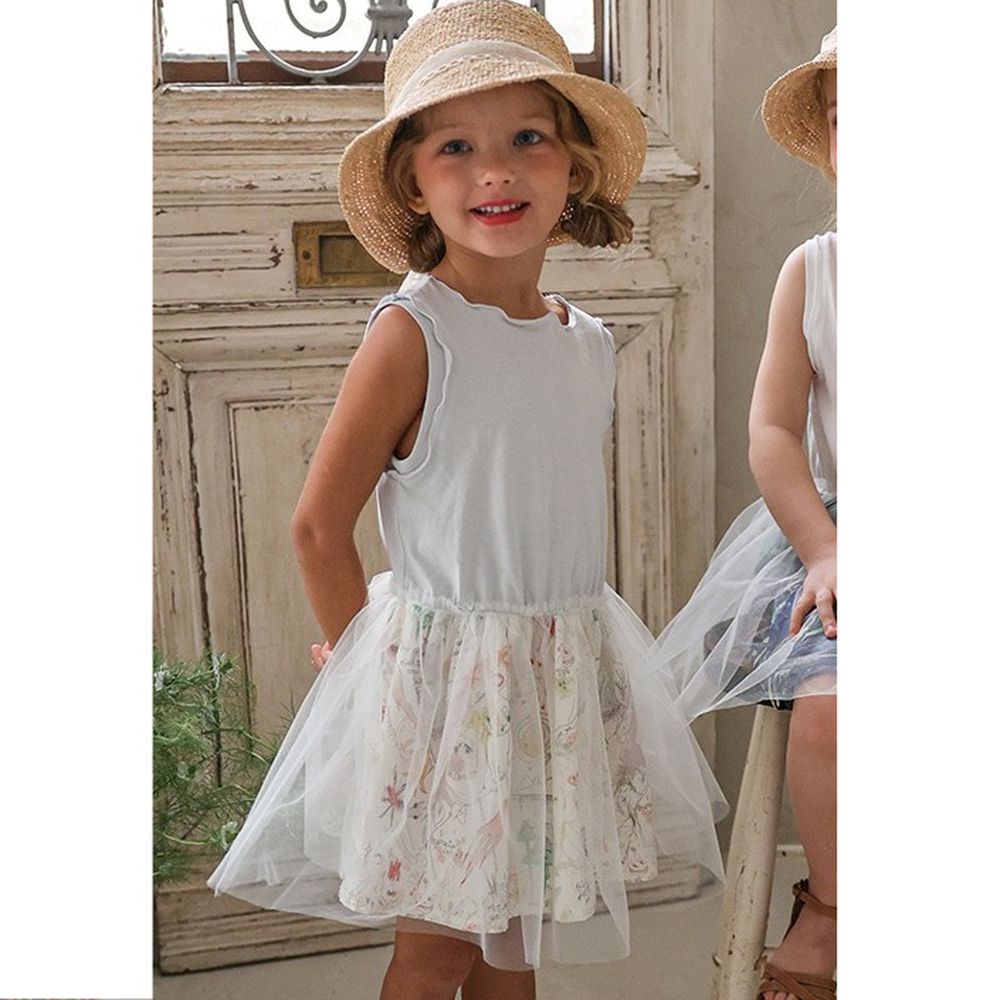 Puellaflo 寶貝塗鴉背心網紗裙洋裝-淺灰X米