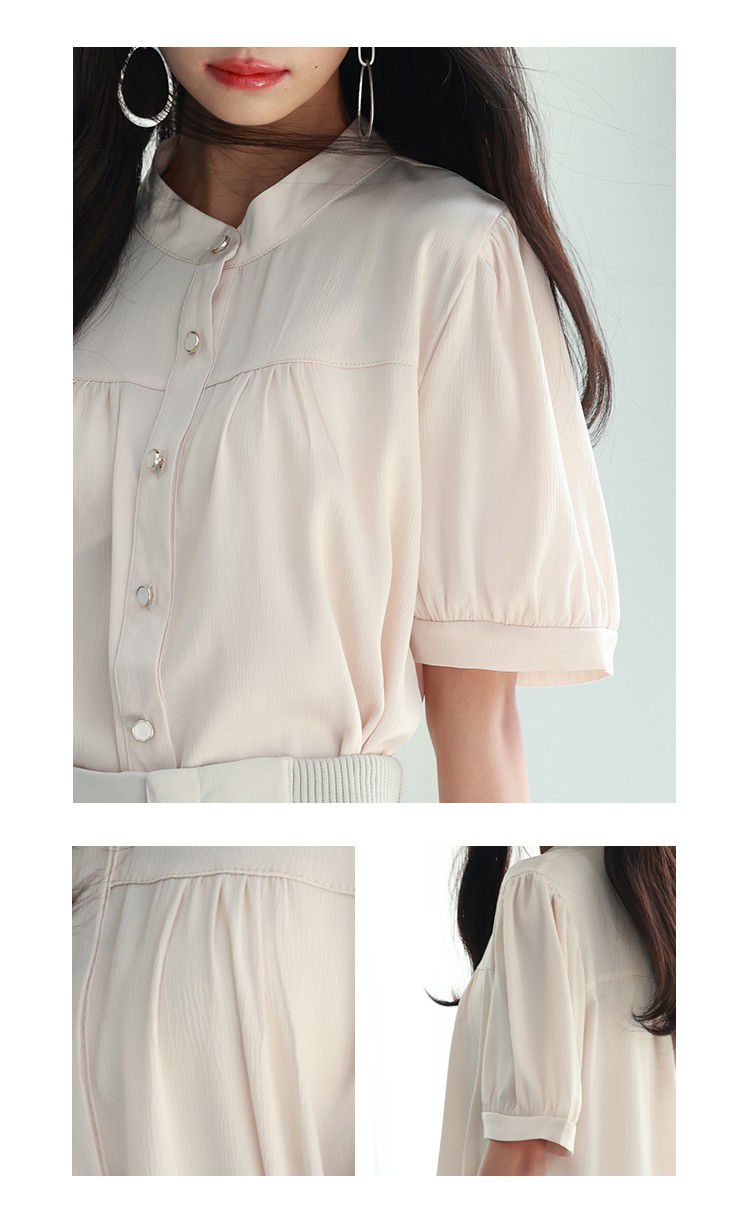 日本女裝代購 - 甜美細摺輕薄五分袖襯衫-米白