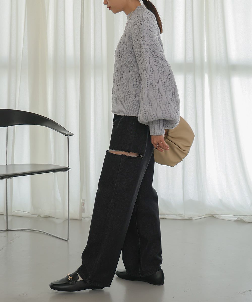 日本 Bab - 麻花編織圓領泡泡袖毛衣-粉膚