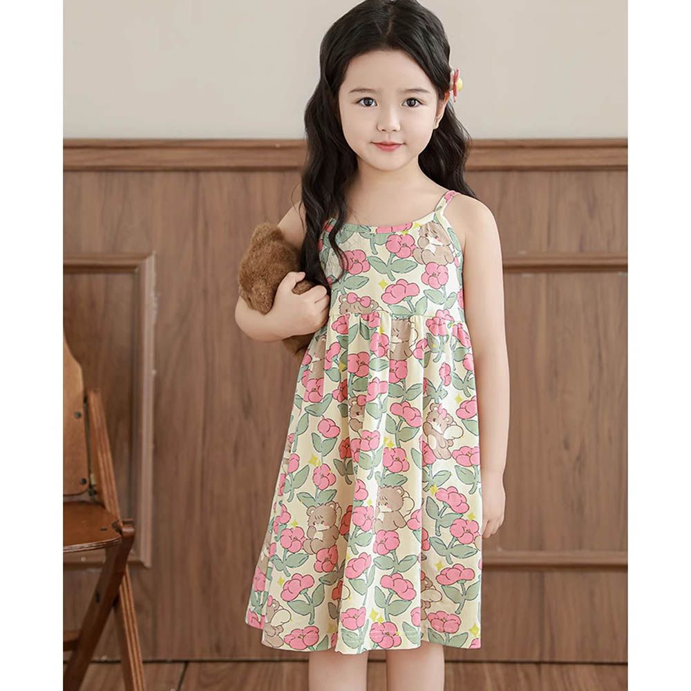 森林系細肩帶洋裝-粉色小花-米杏