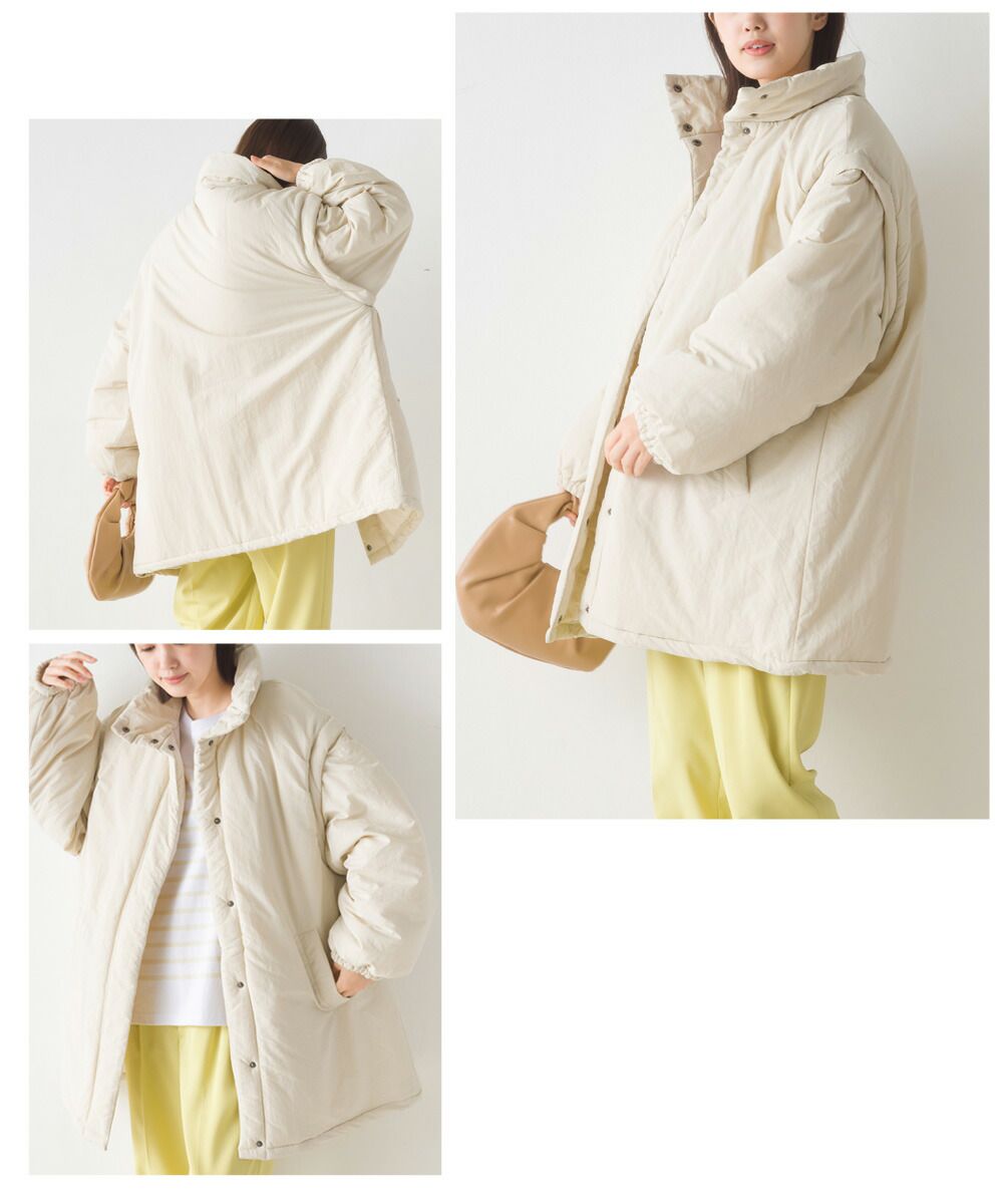 日本 OMNES - 立領有型中長版機能羽絨外套-袖可拆-象牙