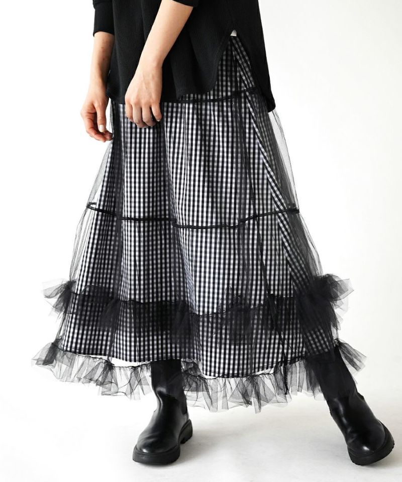 日本 zootie - 薄紗拼接格紋修身長裙-黑