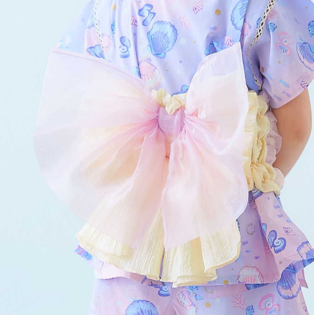 夢幻緞面歐根紗日式浴衣腰帶(鬆緊式)-淺粉紅x黃