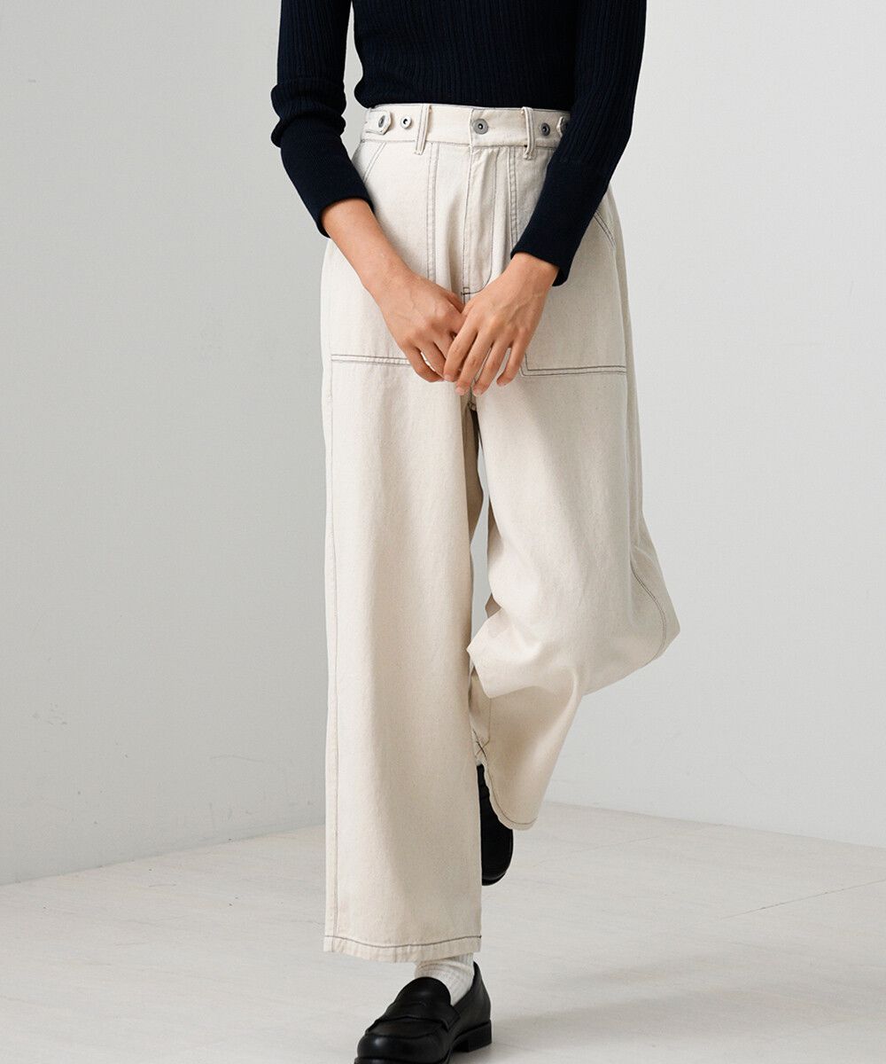 日本 Bou Jeloud - 配色線條柔軟純棉寬褲(可調腰圍)-黃