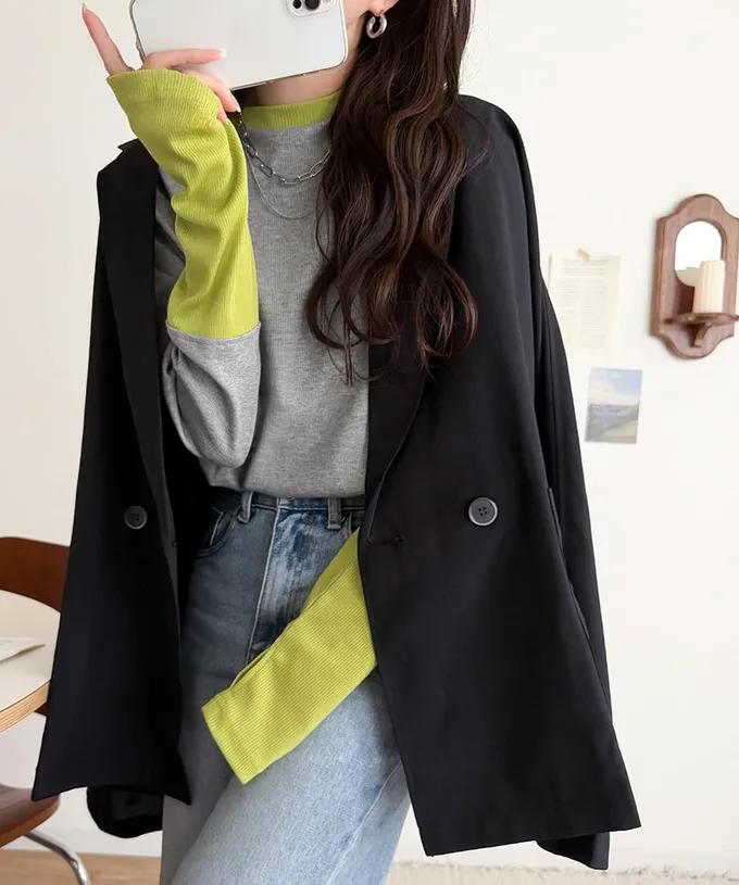 日本 Classical Elf - 時尚配色袖羅紋長袖上衣(指孔設計)-炭灰