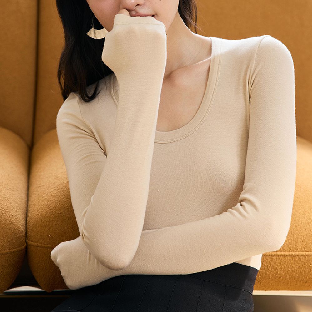 輕柔暖感4.6%羊毛天絲修飾U領長袖上衣-燕麥奶