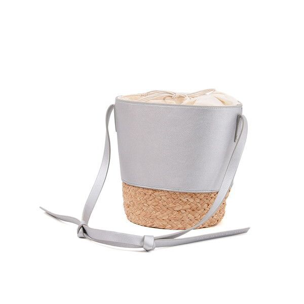日本 COOCO - 束口仿皮X藤編拼接水桶手提包-銀 (16x20x16cm)