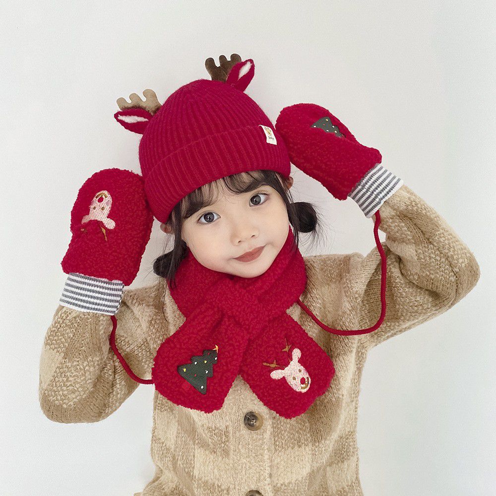 聖誕節圍脖毛帽手套三件組-聖誕小鹿-紅色 (帽圍48-52CM/建議年齡2歲-8歲)