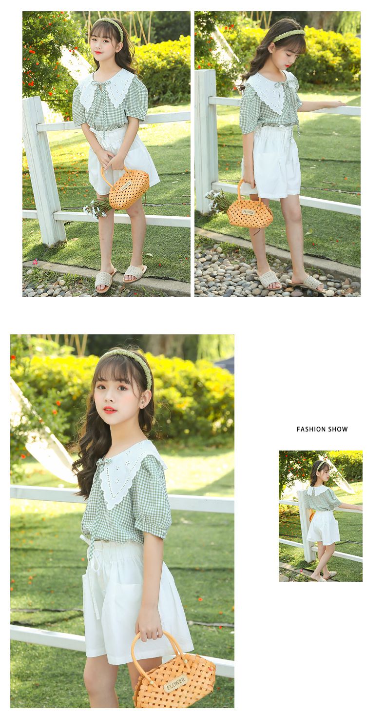 娃娃領短袖套裝-格紋上衣+花苞短褲-黑+白