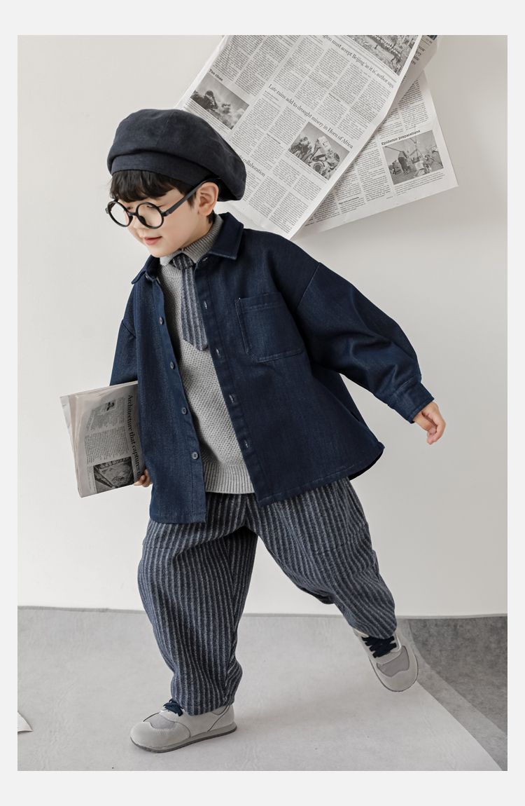 TONGMO - (加絨)小紳士腰鬆緊休閒條紋寬褲-黑+灰