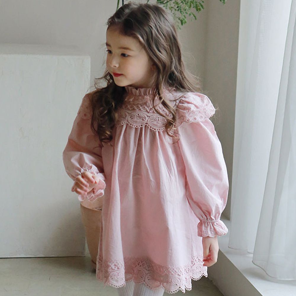 韓國 PuellaFLO - 圈圈鏤空立體領洋裝-粉紅