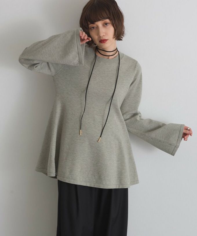 日本 ELENCARE DUE - 成熟傘擺腰線針織長袖上衣-灰