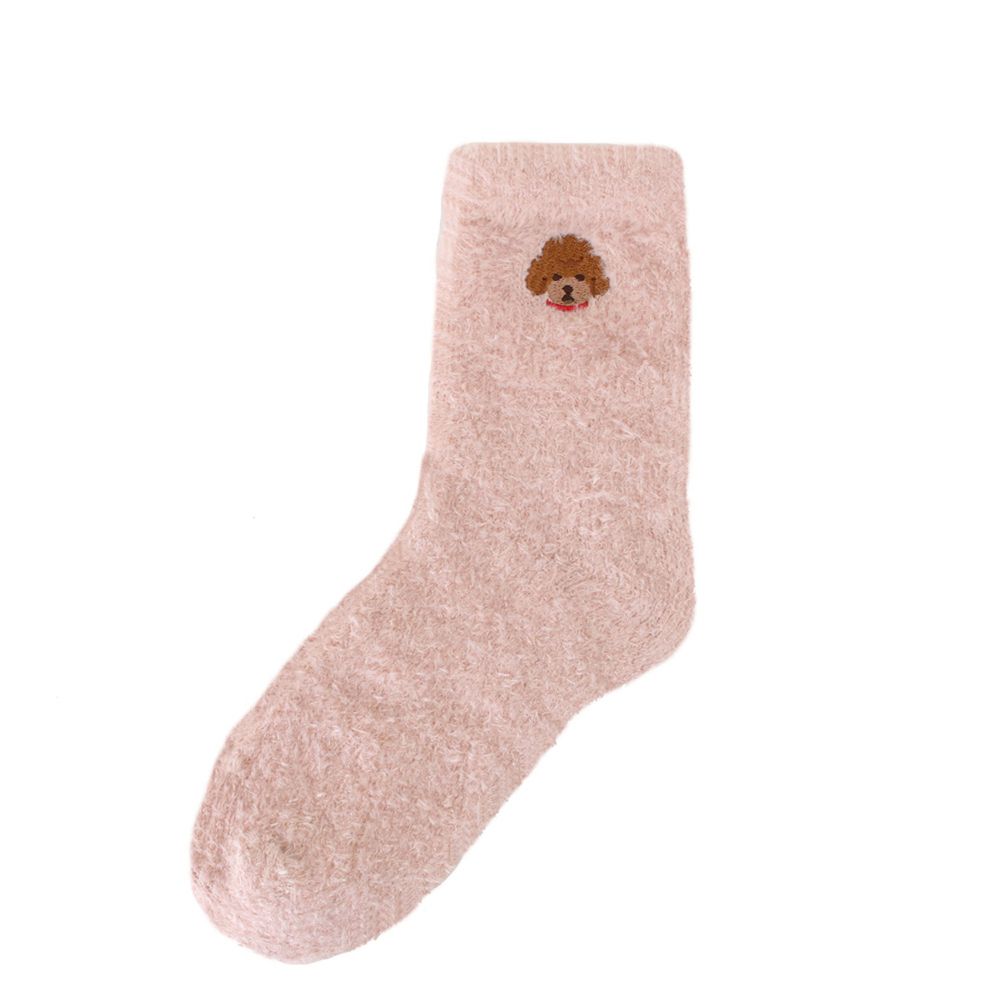日本 TOMO - 可愛動物刺繡毛絨保暖襪-玩具貴賓-粉紅 (22-25cm)