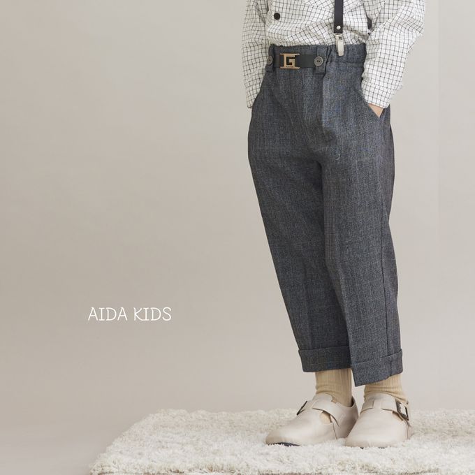 韓國 AIDA - 裝飾腰帶鬆緊腰直筒長褲-黑灰