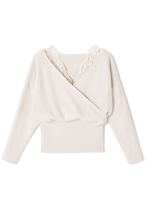 日本 GRL - 蕾絲V領縮腰針織上衣-知性黑 (M)