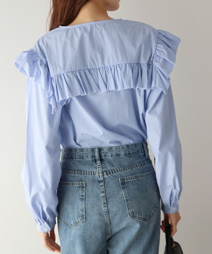 日本 BLUE EAST - 青澀回憶荷葉邊長袖襯衫-湖水綠