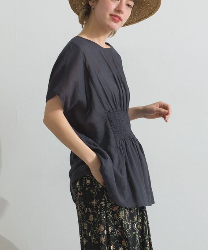 日本 Lupilien - 印度棉 人字紋清爽飄逸瘦腰短袖上衣-黑