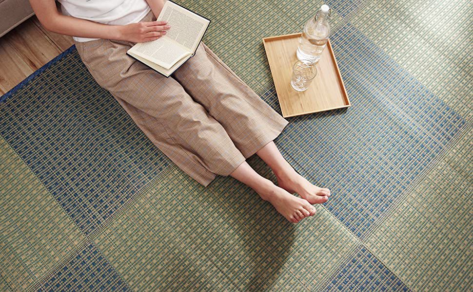 日本池彥 - 藺草編抗菌除臭濕度調節 地毯/地墊(附止滑貼片*6)-撞色格子-綠 (180x180cm)