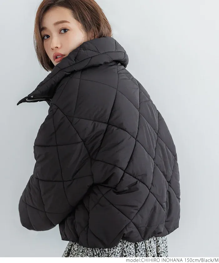 日本 COCA - 菱紋衍縫翻領鋪棉短版外套-氣質米