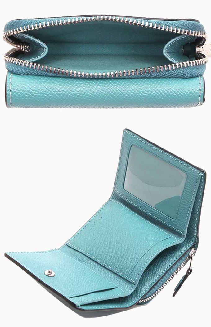 COACH - 馬車LOGO素面皮革零錢短夾 (藍綠)