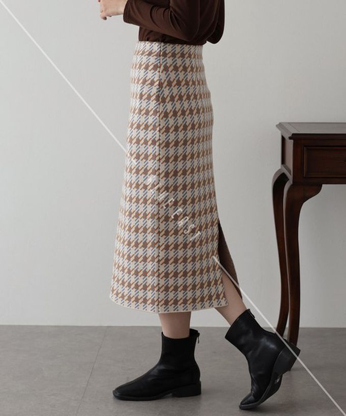 日本 BLUE EAST - 氣質千鳥格針織開叉合身長裙-黑灰