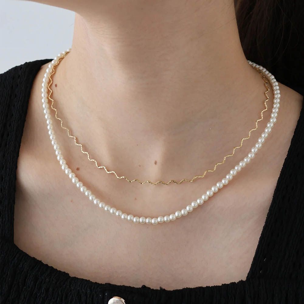 韓國製 珍珠波浪優雅雙層項鍊-金