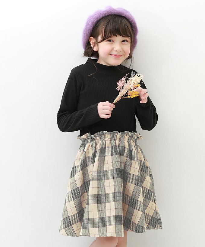 日本 devirock - 優雅羅紋拼接長袖洋裝-法蘭絨格紋-紅